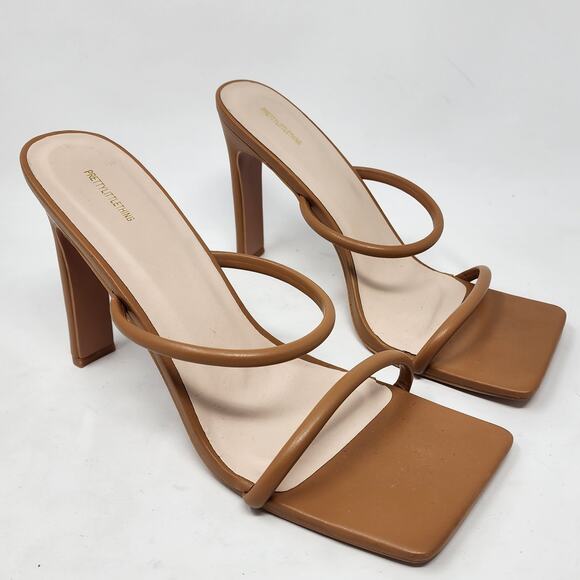 PRETTYLITTLETHING Heels Women 7 Tan Extreme Square Toe Tan Twin Strap Sandal - Picture 1 of 9